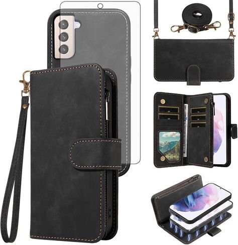 حافظة هاتف Asuwish لهاتف Samsung Galaxy S21 Plus S21+ 5G محفظة بسحاب غطاء مغناطيسي قابل للفصل مع واقي شاشة من الزجاج المقسى وحامل بطاقات بحبل طويل S21+5G S21plus 21S + S 21 21+ G5 أحمر in Kuwait
