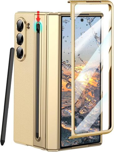 for Samsung Galaxy Z Fold 7 Case with Built-in Screen Protector & Hinge Protection and S Pen, Premium Leather All-Inclusive Protective Phone Cover for Galaxy Z Fold 7- Gold in Saudi Arabia