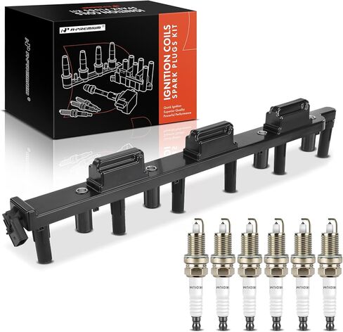 A-Premium (أحمر) 1x حزمة ملف إشعال و6x شمعات إشعال إيريديوم متوافقة مع Jeep WJ Series Grand Cherokee 2000-2004، TJ Series Wrangler 2000-2006، TJ 2000-2006، XJ Series Cherokee 2000-2001، 4.0L in Kuwait