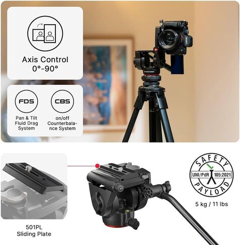 Manfrotto 500X Fluid Video Head with ONE Hybrid Aluminum Tripod – Photo & Video Kit, Supports up to 11 lbs, Leveling Column, 90° Horizontal Column, Quick Release System, for DSLR & Mirrorless Cameras in Saudi Arabia