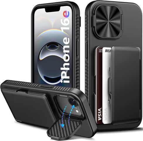 حافظة محفظة لهاتف iPhone 16e، حامل بطاقات مدمج (4-5 بطاقات)، حامل غطاء الكاميرا، حماية من السقوط من الدرجة العسكرية، حافظة هاتف واقية متينة من السيليكون للرجال والنساء لهاتف iPhone 16e، أسود in Kuwait