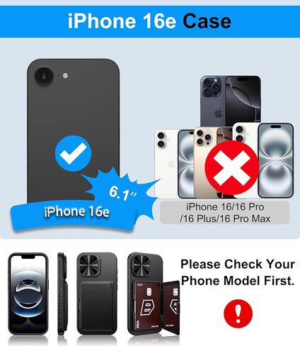 حافظة محفظة لهاتف iPhone 16e، حامل بطاقات مدمج (4-5 بطاقات)، حامل غطاء الكاميرا، حماية من السقوط من الدرجة العسكرية، حافظة هاتف واقية متينة من السيليكون للرجال والنساء لهاتف iPhone 16e، أسود in Kuwait