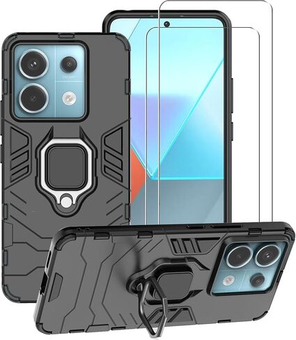 حافظة هاتف لهاتف Xiaomi Poco M6 Pro 4G مع واقي شاشة زجاجي [عبوة من قطعتين] غطاء واقٍ مقاوم للصدمات بطبقة مزدوجة متينة من الدرجة العسكرية مع مسند حلقي مغناطيسي - أسود in Kuwait