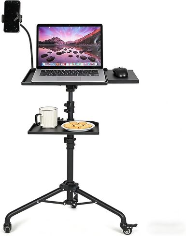 GarveeHome Projector Tripod Stand, Laptop Stand on Wheels with 2 Shelves Mouse Tray Phone Holder, Portable Projector Floor Stand, Adjustable Height 23 to 49 Inch, Projector Tall Stand for Office, Home in Kuwait