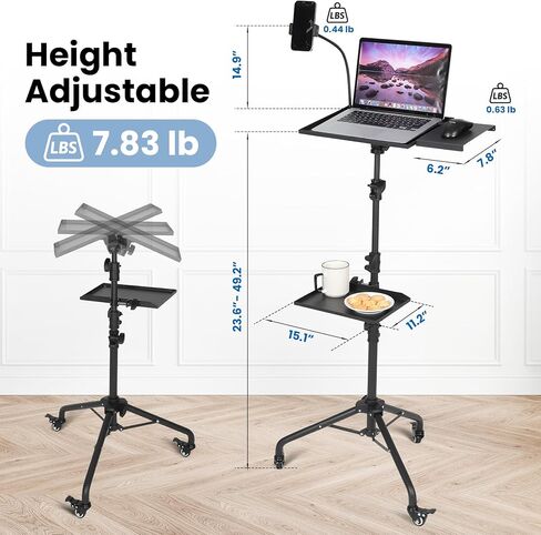 GarveeHome Projector Tripod Stand, Laptop Stand on Wheels with 2 Shelves Mouse Tray Phone Holder, Portable Projector Floor Stand, Adjustable Height 23 to 49 Inch, Projector Tall Stand for Office, Home in Kuwait