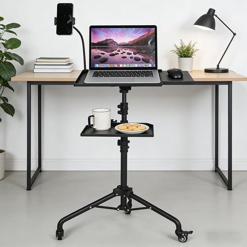 GarveeHome Projector Tripod Stand, Laptop Stand on Wheels with 2 Shelves Mouse Tray Phone Holder, Portable Projector Floor Stand, Adjustable Height 23 to 49 Inch, Projector Tall Stand for Office, Home in Kuwait