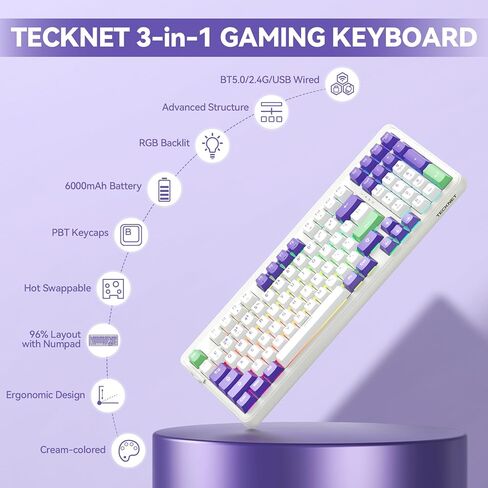 لوحة مفاتيح الألعاب الميكانيكية TECKNET، قابلة للتبديل السريع مع مفاتيح Sky، لوحة مفاتيح ثلاثية الأوضاع بلوتوث/2.4 جيجا هرتز/USB-C، تصميم مضغوط بنسبة 96%، لوحة مفاتيح كمبيوتر بإضاءة خلفية RGB للكمبيوتر الشخصي/الكمبيوتر المحمول/Mac (97 مفتاحًا) in Kuwait