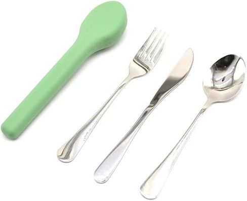 مجموعة أدوات فضية محمولة مع علبة من السيليكون (أزرق مائي)، مجموعة أدوات مائدة من الفولاذ المقاوم للصدأ 3 قطع (سكين ملعقة شوكة) للتخييم والمدرسة والسفر والمكتب in Kuwait