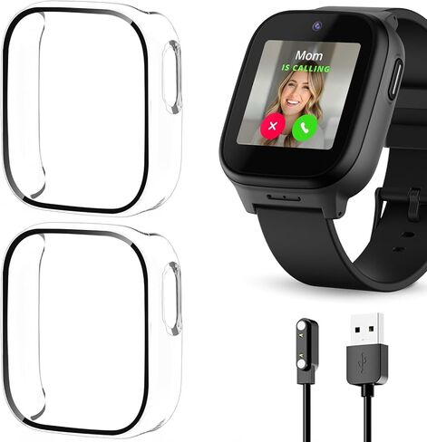 قطعتان من واقي الشاشة المقاوم للخدش متوافق مع ساعة Cosmo JrTrack 5، حافظة من الزجاج المقسى للحماية الشاملة وغطاء صلب من البولي كربونات لملحقات الساعة الذكية Cosmo JrTrack 5 للأطفال in Kuwait