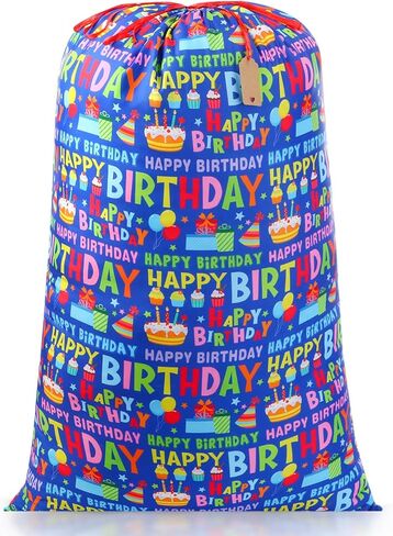 Pickmesh 1 Pcs Happy Birthday Drawstring Gift Bag 20 x 28 Inch Extra Large Baby Shower Bag Reusable Fabric Blue Baby Shower Wrapping Pouch for Gender Reveal Gift Wrapping Decoration(Blue Birthday) in Kuwait