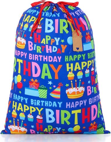 Pickmesh 1 Pcs Happy Birthday Drawstring Gift Bag 20 x 28 Inch Extra Large Baby Shower Bag Reusable Fabric Blue Baby Shower Wrapping Pouch for Gender Reveal Gift Wrapping Decoration(Blue Birthday) in Kuwait