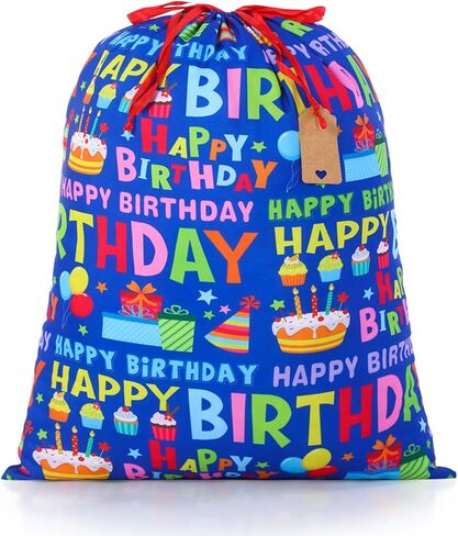 Pickmesh 1 Pcs Happy Birthday Drawstring Gift Bag 20 x 28 Inch Extra Large Baby Shower Bag Reusable Fabric Blue Baby Shower Wrapping Pouch for Gender Reveal Gift Wrapping Decoration(Blue Birthday) in Kuwait