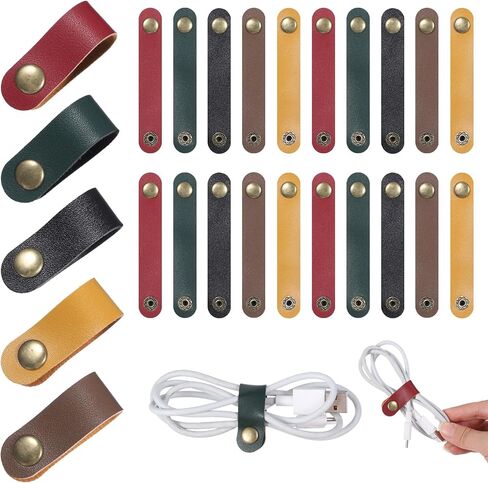 20 PCS PU Leather Cord Organizer, Multicolor Leather Cable Ties Portable Snap Cable Strap Charging Cables Cords Organizer Reusable Cord Keepers Multipurpose Winder for Men Women (5 Colors) in Saudi Arabia