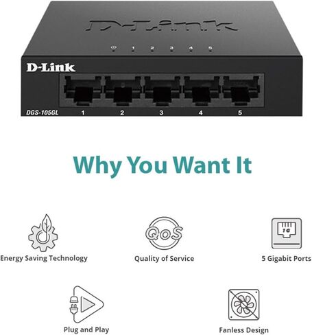 D-Link Ethernet Switch, 5 Port Gigabit Unmanaged Desktop Plug and Play Sturdy Metal Housing Fanless Design EEE (DGS-105GL-V2) in Saudi Arabia