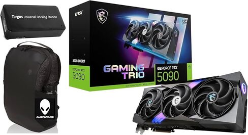 msi Gaming Trio GeForce 5090 OC 32GB GDDR7 GPU، 32GB GDDR7، PCI Express® Gen 5، Boost: 2482 ميجا هرتز (الألعاب والوضع الصامت)، ناقل الذاكرة، 512 بت. حزمة مع محطة Targus Dock وحقيبة الظهر Alienware. in Kuwait