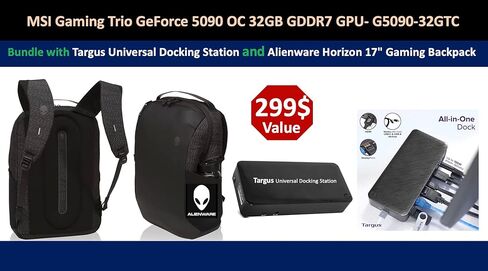 msi Gaming Trio GeForce 5090 OC 32GB GDDR7 GPU، 32GB GDDR7، PCI Express® Gen 5، Boost: 2482 ميجا هرتز (الألعاب والوضع الصامت)، ناقل الذاكرة، 512 بت. حزمة مع محطة Targus Dock وحقيبة الظهر Alienware. in Kuwait