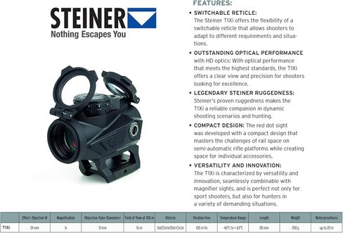 Steiner T1Xi Red Dot Sight 1x24mm for Tactical, Shooting, Hunting, Illuminated 2 MOA Reticle, Picatinny-Style Mount Included, 50,000 Hours of Battery Life, Waterproof Fogproof in Saudi Arabia