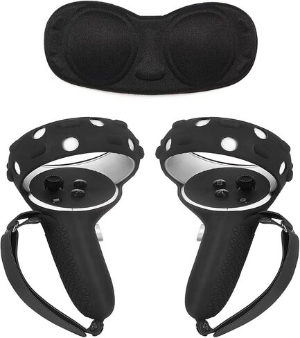 VR Controller Grips Cover with Anti-Throw Knuckle Strap + Lens Protector Cover for Oculus Quest 2 (Black) in Kuwait