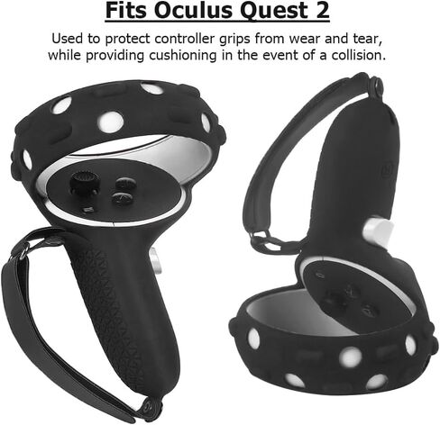 VR Controller Grips Cover with Anti-Throw Knuckle Strap + Lens Protector Cover for Oculus Quest 2 (Black) in Kuwait