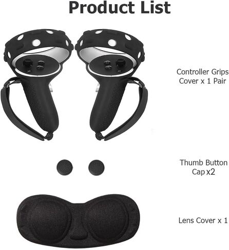 VR Controller Grips Cover with Anti-Throw Knuckle Strap + Lens Protector Cover for Oculus Quest 2 (Black) in Kuwait