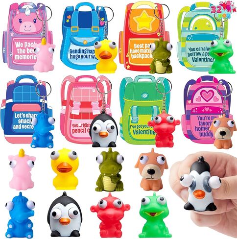 JOYIN 32 PCS Valentines Day Gift Cards with Animal Popping Eyes Keychains for Gifts Party Favor, Classroom Exchange Prizes, Valentine’s Greeting Cards in Saudi Arabia