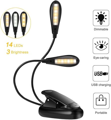 DEWIN Reading Light - LED Reading Lamp 14 LED USB Rechargeable and Eye-Care Book Light, Flexible Clip Reading Lamp in B in Saudi Arabia