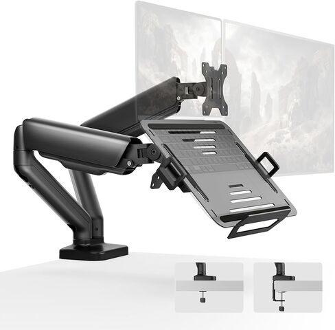monTEK Laptop Arm Mount for Desk for Max 32" Screen and 18" Notebook, Dual Monitor Stand with Adjustable Laptop Holder, Holds up to 19.8 lbs, Full Motion Arm with Clamp/Grommet Base, 75/100 VESA Mount in Saudi Arabia