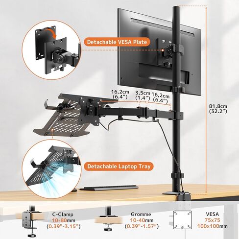 PUTORSEN Monitor and Laptop Mount Stand for Max 49" Screen and 18" Notebook, Fully Adjustable Monitor Arm with Vented Tray, Holds up to 44lbs, 2 Mounting Options in Saudi Arabia