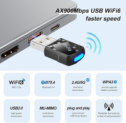 AX900Mbps USB WiFi 6 Adapter for PC, 2-in-1 Bluetooth 5.4 WiFi Adapter. 2.4G/5G Dual-Band Wireless Network Transceiver for Laptop/Desktop/Computer, WPA3, Supports Windows 11/10 Black in Saudi Arabia