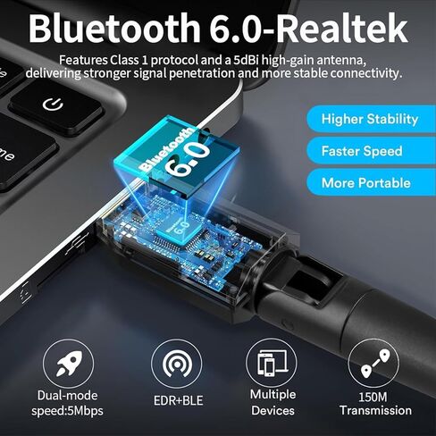 محول بلوتوث 6.0 للكمبيوتر الشخصي، جهاز استقبال دونجل USB طويل المدى 5dBi 150M USB، التوصيل والتشغيل، لسماعات الرأس، لوحة المفاتيح، الماوس، وحدة التحكم في الألعاب، مكبر الصوت، الكمبيوتر المحمول/سطح المكتب Windows 11/10/8.1/7 in Kuwait
