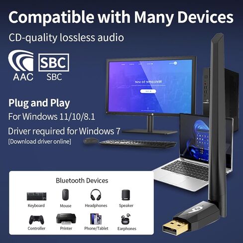 محول بلوتوث 6.0 للكمبيوتر الشخصي، جهاز استقبال دونجل USB طويل المدى 5dBi 150M USB، التوصيل والتشغيل، لسماعات الرأس، لوحة المفاتيح، الماوس، وحدة التحكم في الألعاب، مكبر الصوت، الكمبيوتر المحمول/سطح المكتب Windows 11/10/8.1/7 in Kuwait