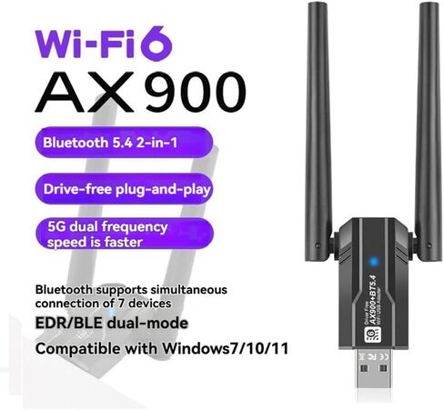 محول AX900 USB WiFi6 2.4G/5Ghz بلوتوث 5.4 USB دونغل 900Mbps جهاز استقبال لاسلكي WLAN لـ Win7/10/11(32/64 بت) in Kuwait