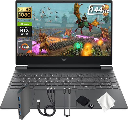 HP Victus 15 Gaming Laptop, AMD Ryzen 7 7445HS, GeForce RTX 4050, 16GB DDR5, 512GB PCIe SSD, 15.6" FHD 144Hz Display, Backlit Keyboard, Copilot, Fast Charge, Win 11, Silver, 1TB Docking Station Set in Saudi Arabia