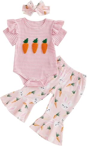 Sasaerucure Newborn Infant Baby Girl Easter Outfit Short Sleeve Bunny Romper + Flare Pants + Headband 3Pcs Clothes in Saudi Arabia