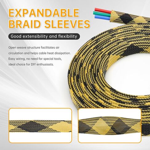 Braided Wire Loom Sleeve - Pet Proof Chew Resistant Cable Wrap, High Density Expandable Cable Sleeving for Automotive Wire Harness & PC Computer Case 16.4ft (Black Yellow, 16mm (5/8")) in Saudi Arabia