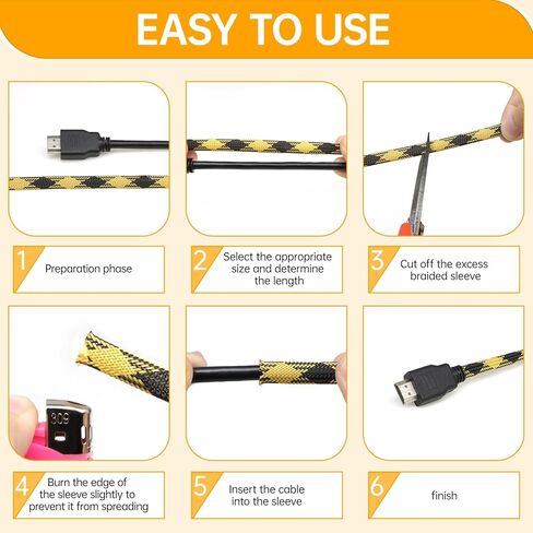 Braided Wire Loom Sleeve - Pet Proof Chew Resistant Cable Wrap, High Density Expandable Cable Sleeving for Automotive Wire Harness & PC Computer Case 16.4ft (Black Yellow, 16mm (5/8")) in Saudi Arabia