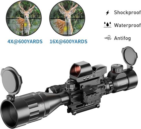 Qande 4-16x50AO نطاق البندقية أحمر / أخضر منعكس مضيء مع رؤية ليزر خضراء 4 نقطة حمراء شبكية ثلاثية الأبعاد لتركيب السكك الحديدية - 5 أوضاع سطوع مصباح يدوي in Kuwait