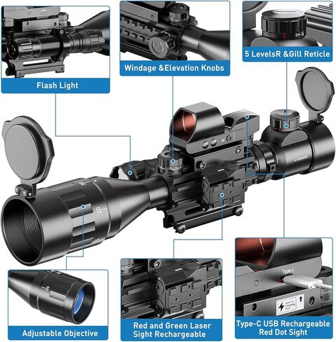 Qande 4-16x50AO نطاق البندقية أحمر / أخضر منعكس مضيء مع رؤية ليزر خضراء 4 نقطة حمراء شبكية ثلاثية الأبعاد لتركيب السكك الحديدية - 5 أوضاع سطوع مصباح يدوي in Kuwait