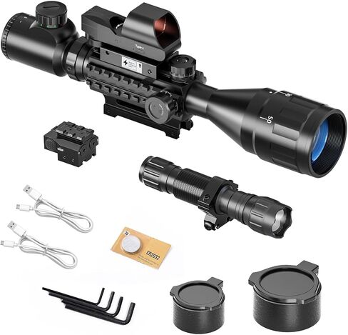 Qande 4-16x50AO نطاق البندقية أحمر / أخضر منعكس مضيء مع رؤية ليزر خضراء 4 نقطة حمراء شبكية ثلاثية الأبعاد لتركيب السكك الحديدية - 5 أوضاع سطوع مصباح يدوي in Kuwait