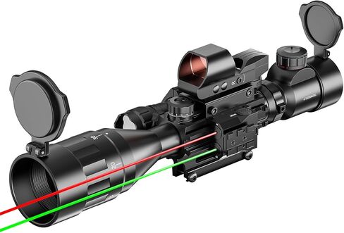 Qande 4-16x50AO نطاق البندقية أحمر / أخضر منعكس مضيء مع رؤية ليزر خضراء 4 نقطة حمراء شبكية ثلاثية الأبعاد لتركيب السكك الحديدية - 5 أوضاع سطوع مصباح يدوي in Kuwait