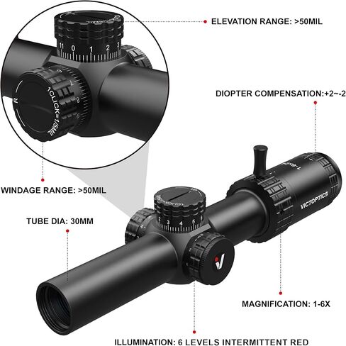 VICTOPTICS 1-6x24 ألياف 30 مم أنبوب المستوى البؤري الثاني Riflescope 6 مستويات مضيئة MIL شبكاني LPVO نطاق بندقية صفر إعادة ضبط قفل البرج مع حلقات نطاق ويفر للصيد والرماية المدمجة in Kuwait