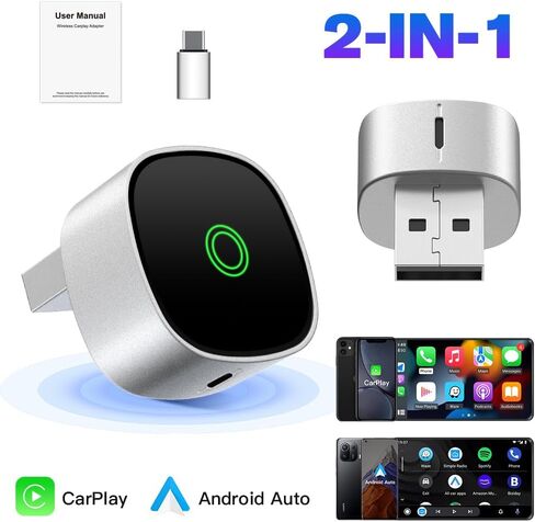 محول CarPlay لاسلكي 2 في 1 لهواتف iPhone ومحول تلقائي Android لاسلكي، توصيل وتشغيل اتصال USB/USB C، محول Apple Car Play اللاسلكي لنظام iOS/Android in Kuwait