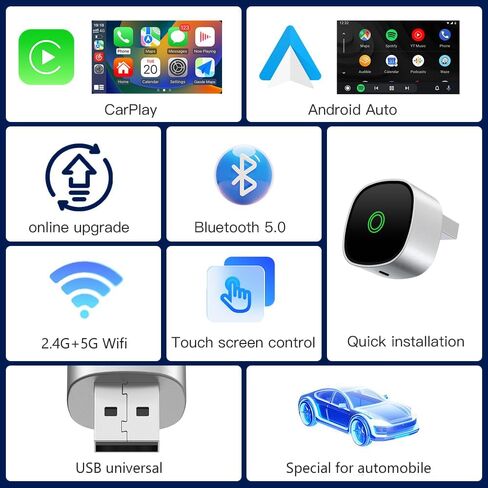 محول CarPlay لاسلكي 2 في 1 لهواتف iPhone ومحول تلقائي Android لاسلكي، توصيل وتشغيل اتصال USB/USB C، محول Apple Car Play اللاسلكي لنظام iOS/Android in Kuwait