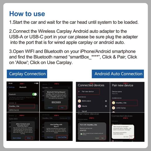 محول CarPlay لاسلكي 2 في 1 لهواتف iPhone ومحول تلقائي Android لاسلكي، توصيل وتشغيل اتصال USB/USB C، محول Apple Car Play اللاسلكي لنظام iOS/Android in Kuwait