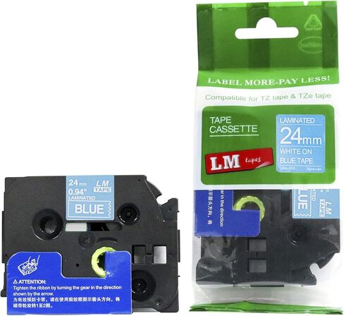 أشرطة LM - شريط TZe P-Touch ممتاز مقاس 1 بوصة (24 مم) أبيض على أزرق متوافق للاستخدام مع Brother PT-D610BT، PTD610BT، PT-D610، PTD610VP يتضمن صانع الملصقات حجم الشريط/دليل الألوان. in Kuwait