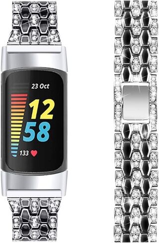 سوار Bling Diamond متوافق مع Fitbit Charge 6/ Charge 5، أساور معدنية أنيقة من الفولاذ المقاوم للصدأ حزام مقاوم للماء لسوار Fitbit Charge 5 (فضي) in Saudi Arabia