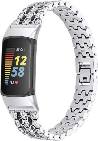 سوار Bling Diamond متوافق مع Fitbit Charge 6/ Charge 5، أساور معدنية أنيقة من الفولاذ المقاوم للصدأ حزام مقاوم للماء لسوار Fitbit Charge 5 (فضي) in Saudi Arabia