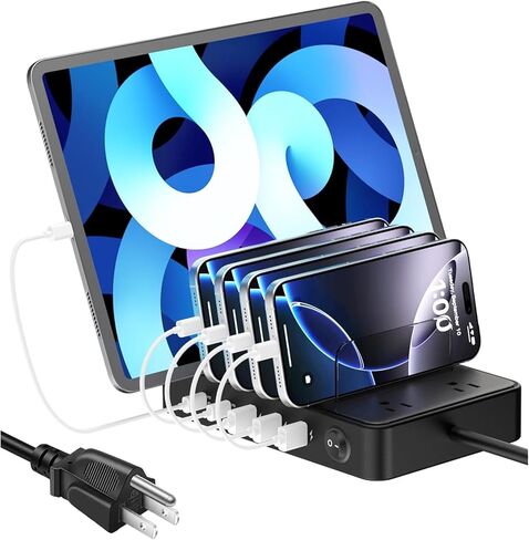 محطة شحن 85 وات لأجهزة متعددة، 7 محطات شحن USB مع 2 تيار متردد، 2 USB C، 3 USB A، قاعدة شحن منظم متعدد الأجهزة للعائلة - مصممة لهاتف iPhone iPad Android والكمبيوتر اللوحي، أسود in Saudi Arabia