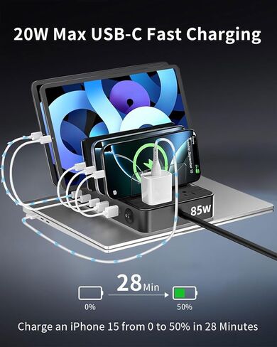 محطة شحن 85 وات لأجهزة متعددة، 7 محطات شحن USB مع 2 تيار متردد، 2 USB C، 3 USB A، قاعدة شحن منظم متعدد الأجهزة للعائلة - مصممة لهاتف iPhone iPad Android والكمبيوتر اللوحي، أسود in Saudi Arabia