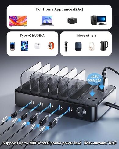 محطة شحن 85 وات لأجهزة متعددة، 7 محطات شحن USB مع 2 تيار متردد، 2 USB C، 3 USB A، قاعدة شحن منظم متعدد الأجهزة للعائلة - مصممة لهاتف iPhone iPad Android والكمبيوتر اللوحي، أسود in Saudi Arabia